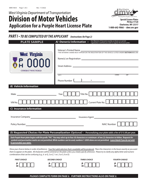 Form DMV-48-B Application for a Purple Heart License Plate - West Virginia