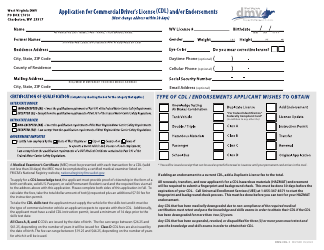 Document preview: Form DMV-CDL-1 Application for Commercial Driver's License (Cdl) and/or Endorsements - West Virginia