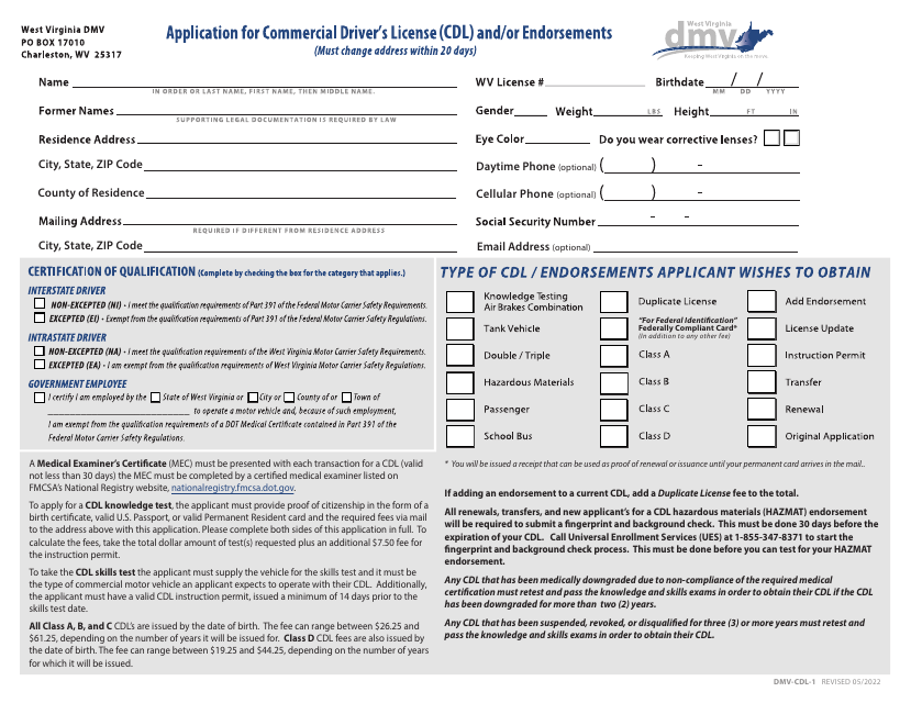 Form DMV-CDL-1 Application for Commercial Driver's License (Cdl) and/or Endorsements - West Virginia