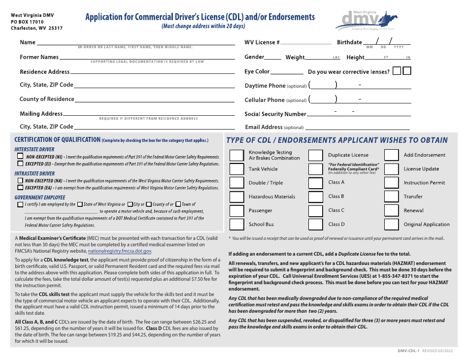 Form DMV-CDL-1 Application for Commercial Drivers License (Cdl) and / or Endorsements - West Virginia, Page 1