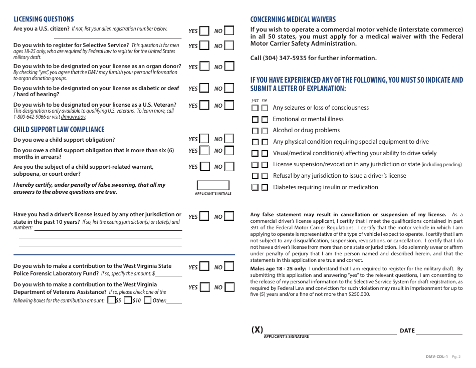 Form DMV-CDL-1 Application for Commercial Drivers License (Cdl) and / or Endorsements - West Virginia, Page 2