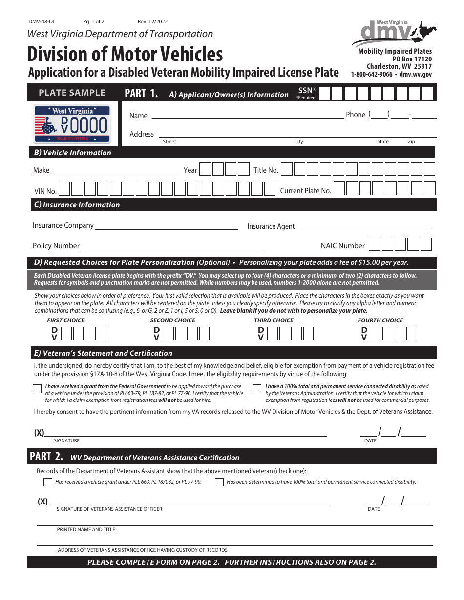 Form DMV-48-DI Application for a Disabled Veteran Mobility Impaired License Plate - West Virginia, Page 1