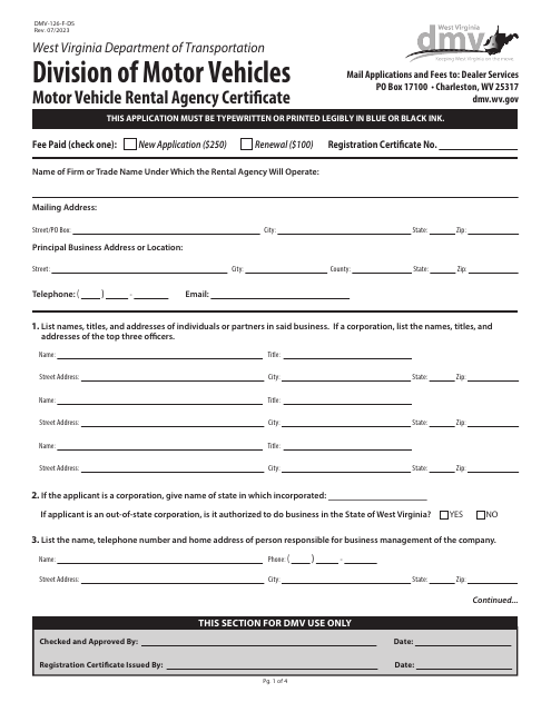 Form DMV-126-F-DS Motor Vehicle Rental Agency Certificate - West Virginia