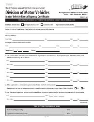 Form DMV-126-F-DS Motor Vehicle Rental Agency Certificate - West Virginia