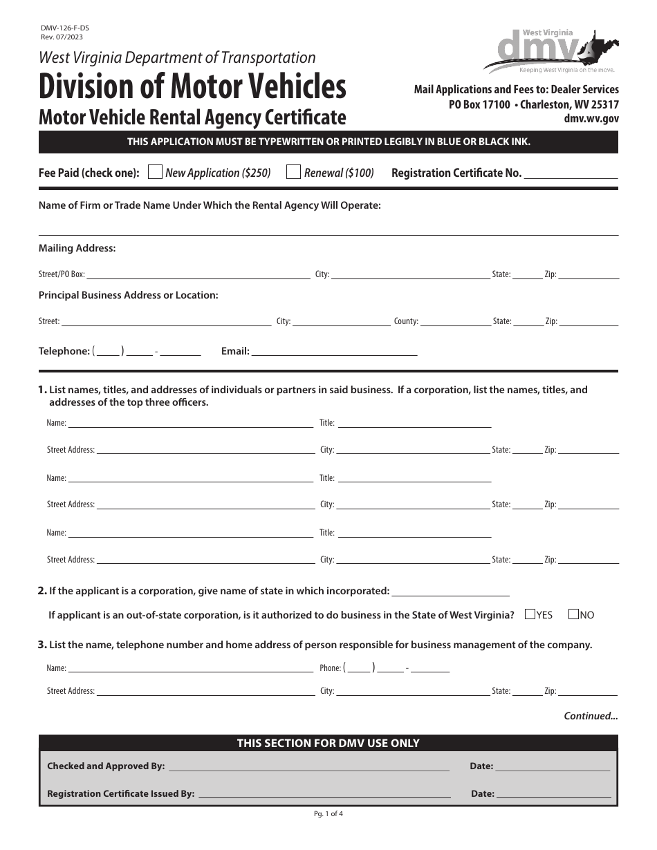 Form DMV-126-F-DS Motor Vehicle Rental Agency Certificate - West Virginia, Page 1
