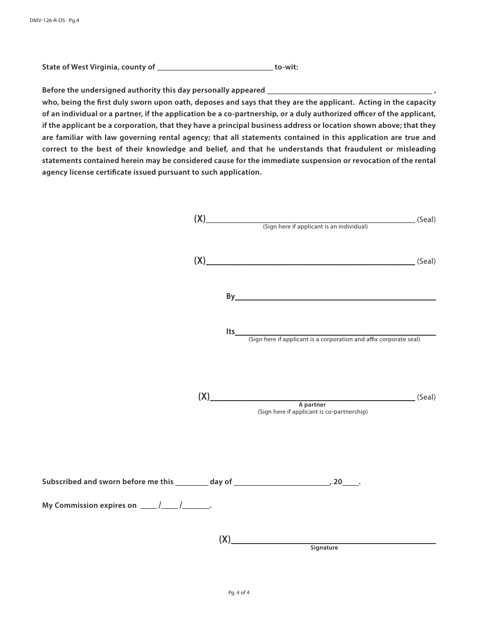 Form DMV-126-F-DS Motor Vehicle Rental Agency Certificate - West Virginia, Page 4