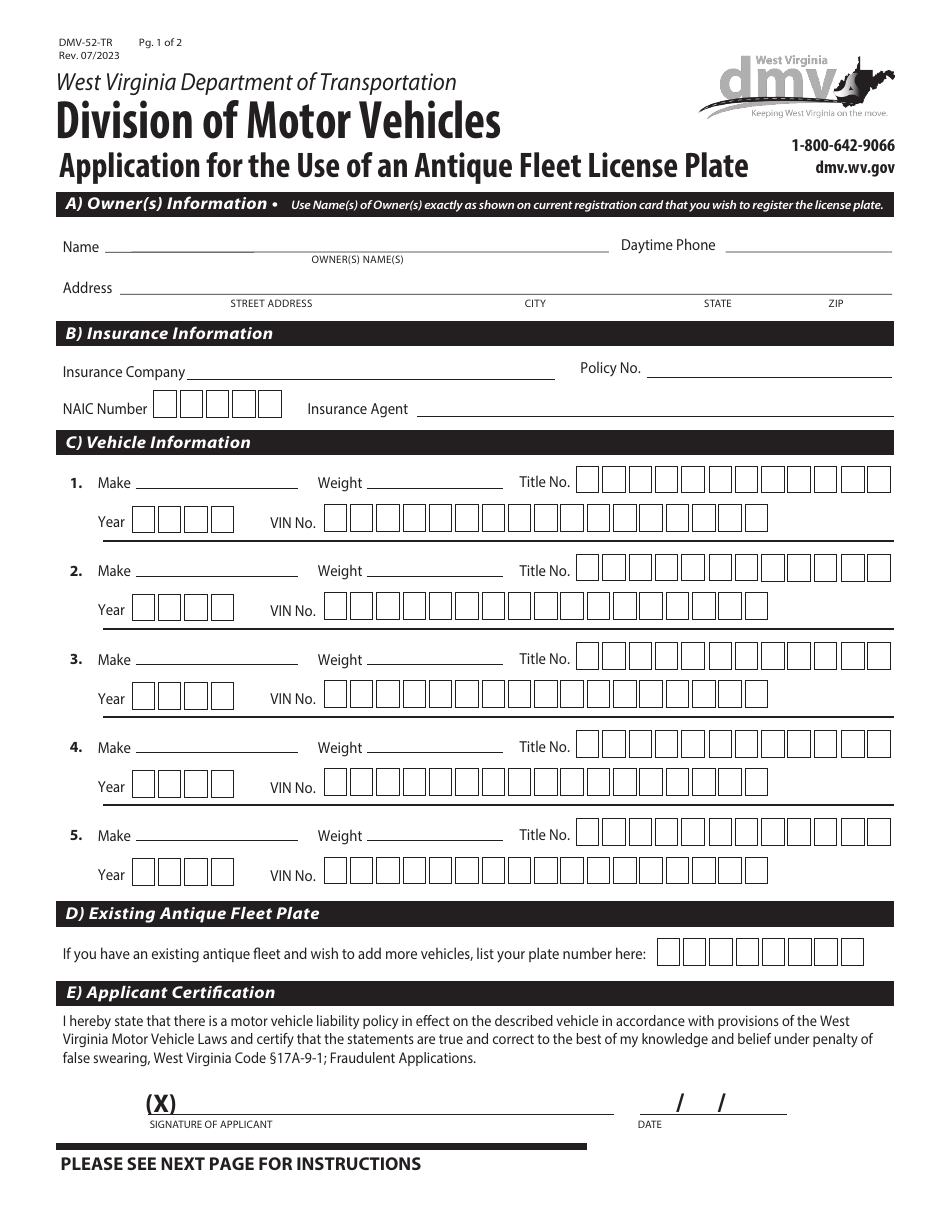 Form DMV-52-TR Application for the Use of an Antique Fleet License Plate - West Virginia, Page 1