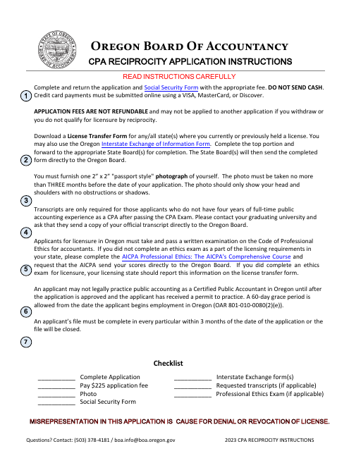 CPA Reciprocity Application - Oregon, 2023