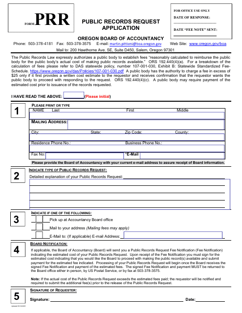 Form PRR Public Records Request Application - Oregon