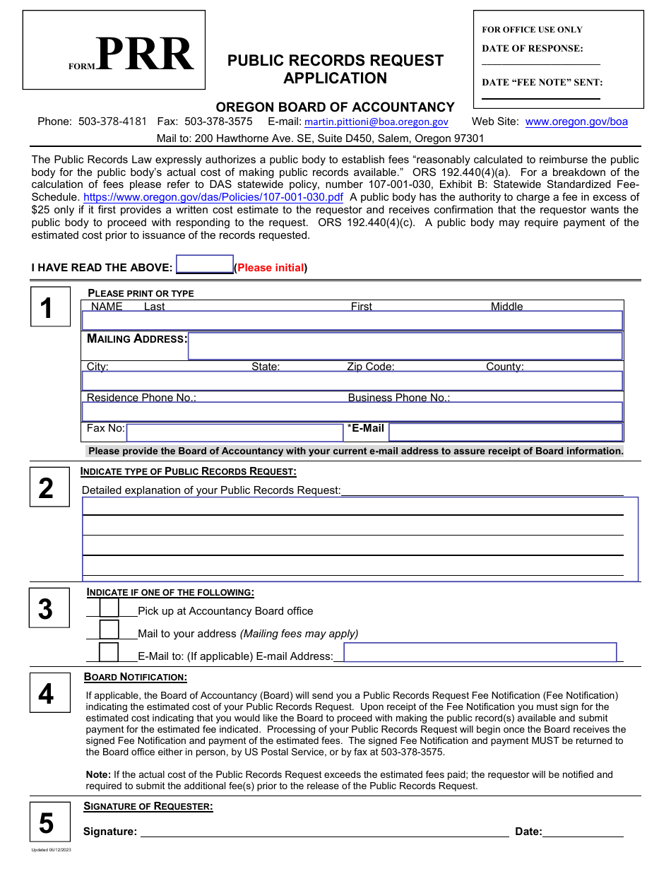 Form PRR Public Records Request Application - Oregon, Page 1