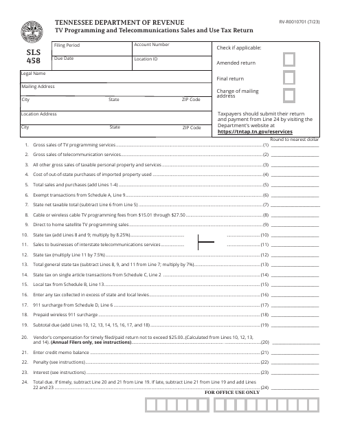 Form SLS458 (RV-R0010701) Tv Programming and Telecommunications Sales and Use Tax Return - Tennessee