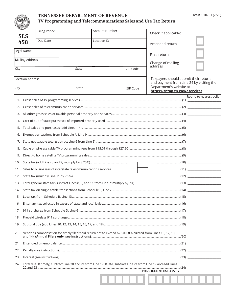 Form SLS458 (RV-R0010701) Tv Programming and Telecommunications Sales and Use Tax Return - Tennessee, Page 1