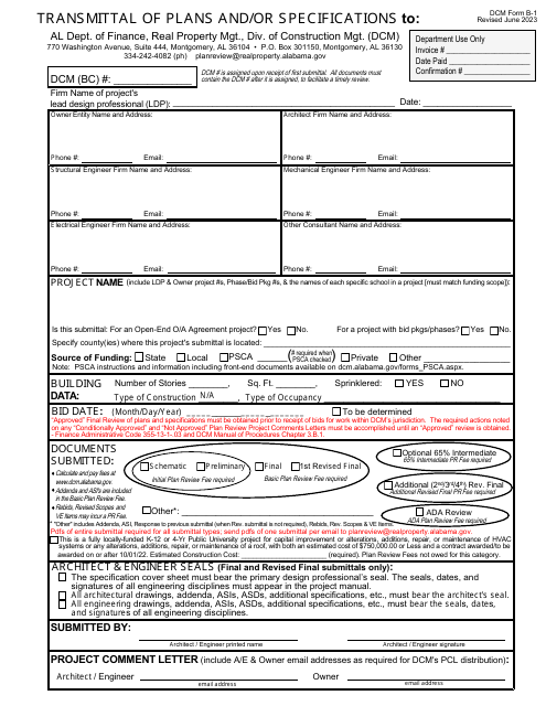 DCM Form B-1 Transmittal of Plans and/or Specifications - Alabama