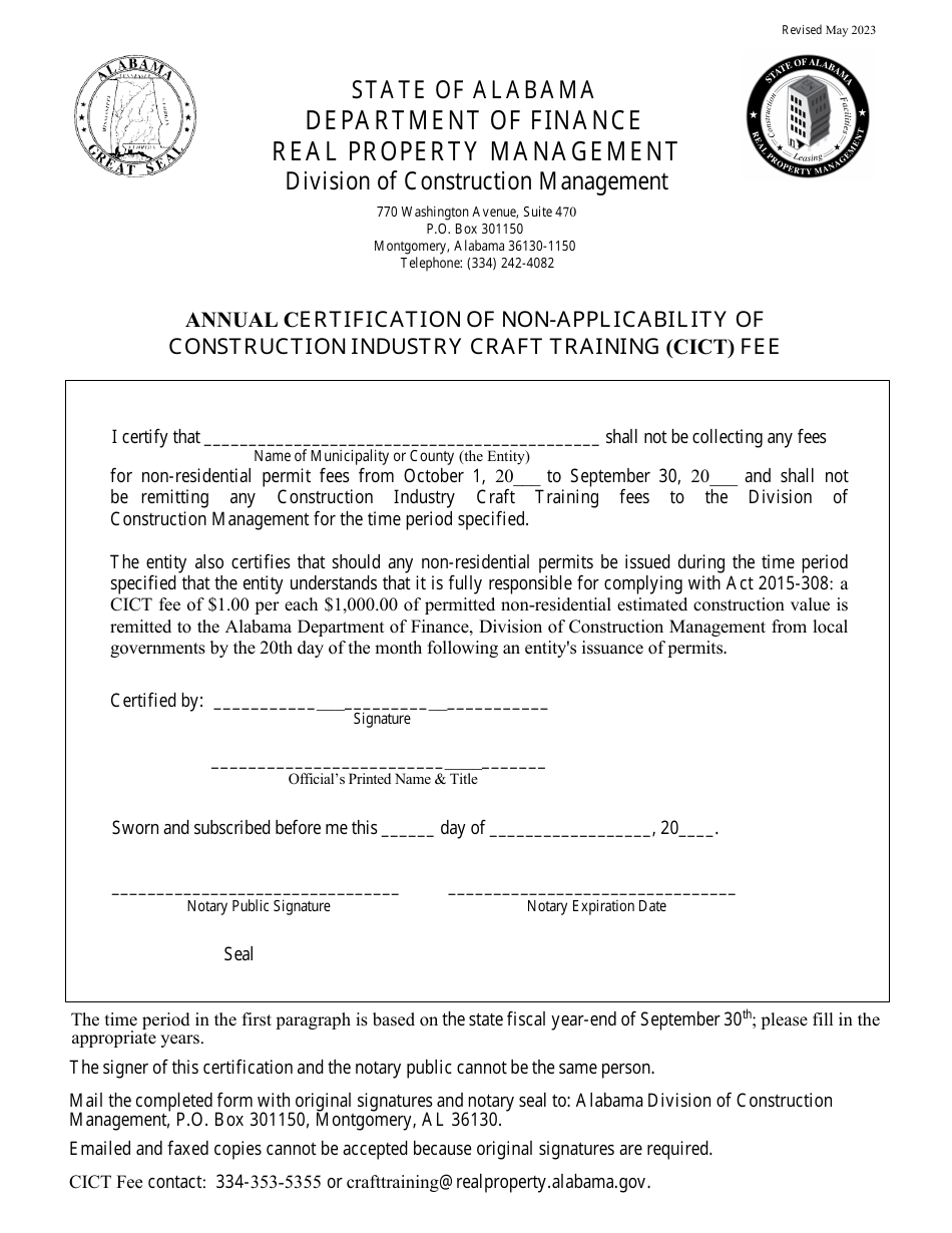 Annual Certification of Non-applicability of Construction Industry Craft Training (Cict) Fee - Alabama, Page 1