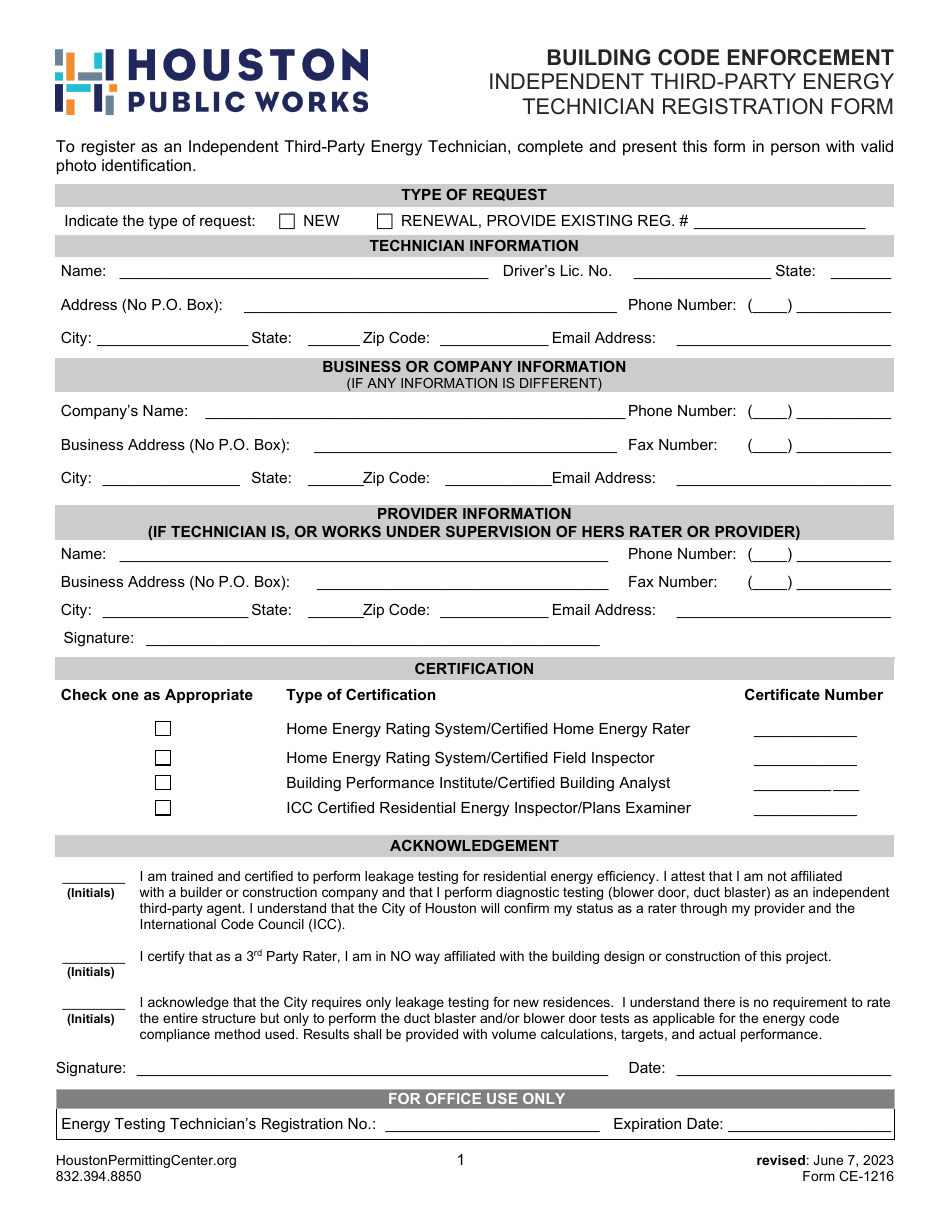 Form CE-1216 Independent Third-Party Energy Technician Registration Form - City of Houston, Texas, Page 1