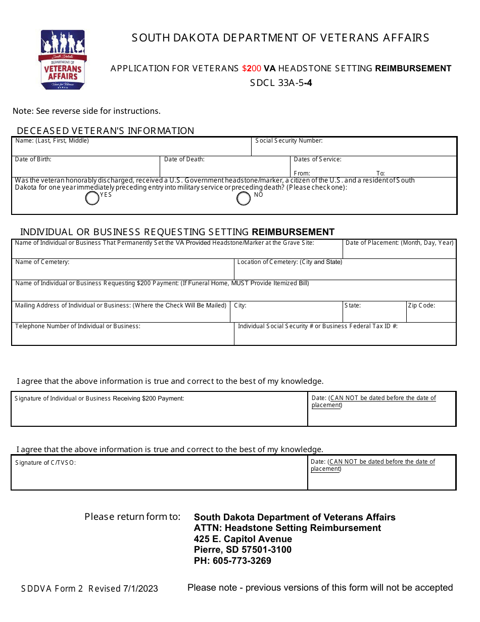 SDDVA Form 2 Application for Veterans $200 VA Headstone Setting Reimbursement - South Dakota, Page 1