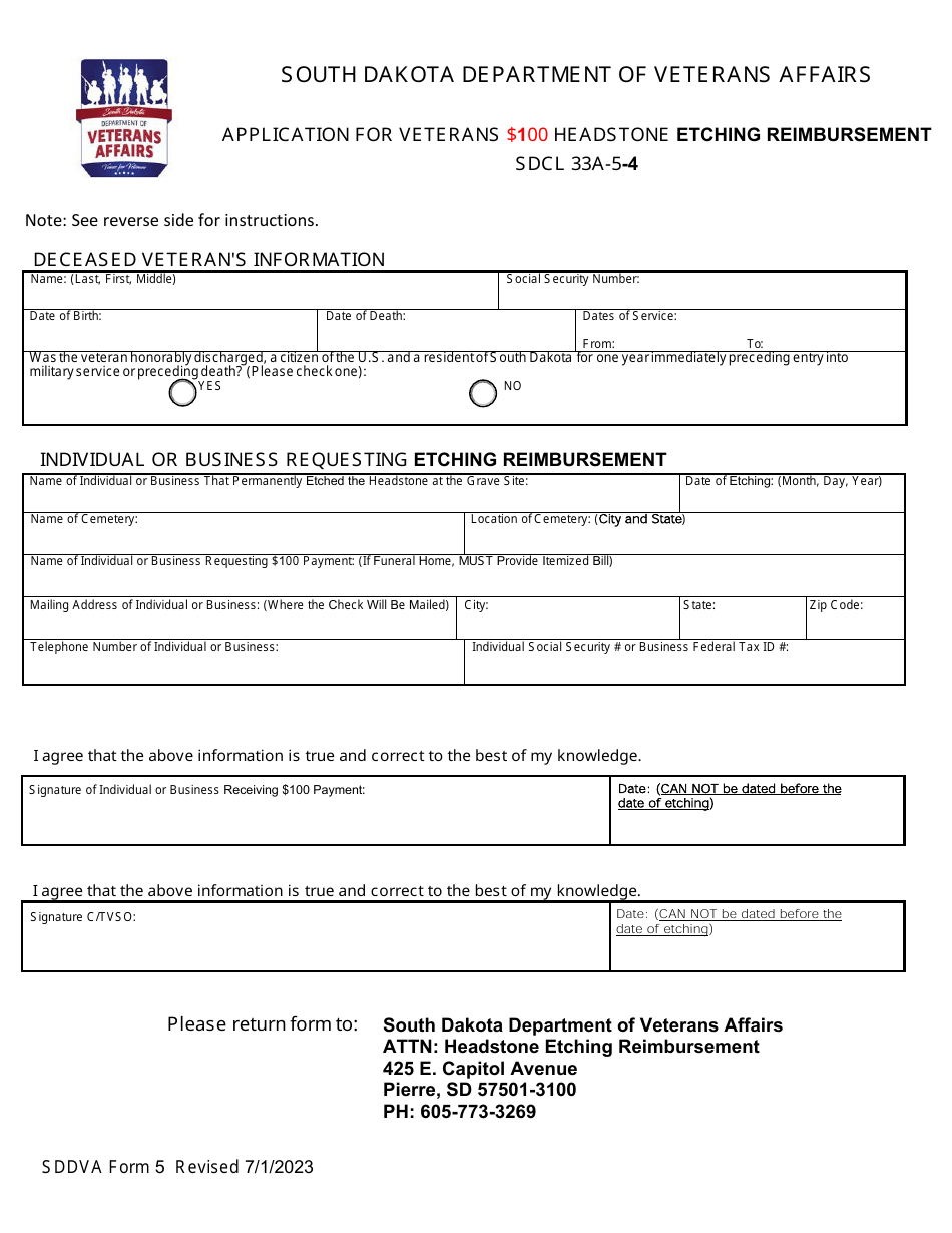 SDDVA Form 5 Application for Veterans $100 Headstone Etching Reimbursement - South Dakota, Page 1
