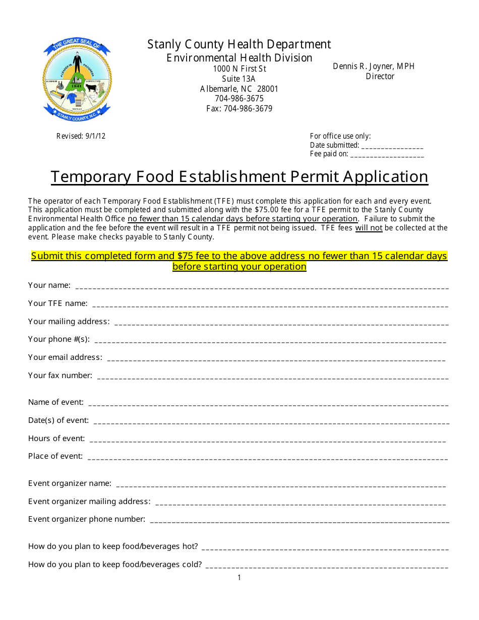 Temporary Food Establishment Permit Application - Stanly County, North Carolina, Page 1