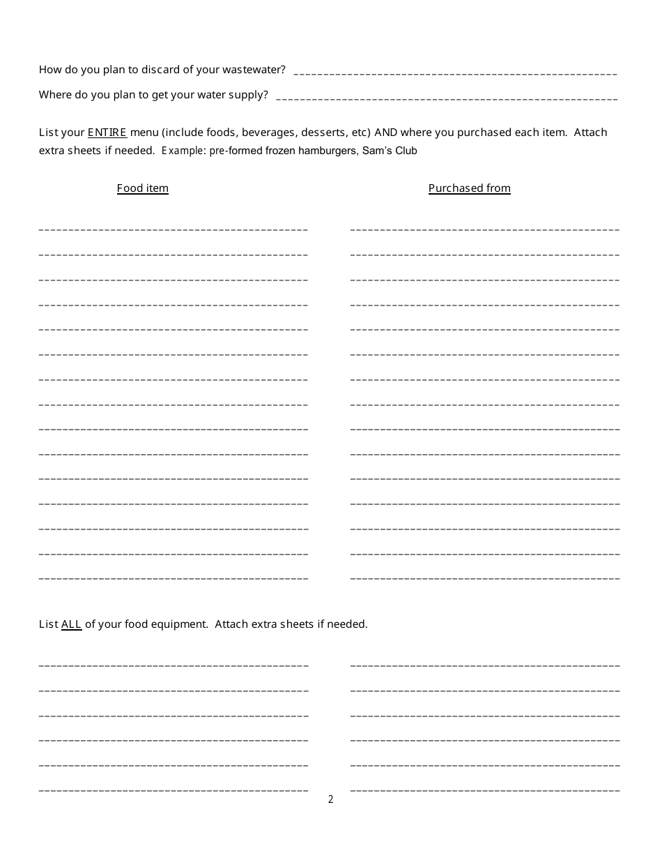 Temporary Food Establishment Permit Application - Stanly County, North Carolina, Page 2