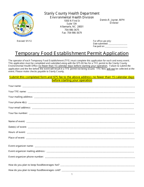 Temporary Food Establishment Permit Application - Stanly County, North Carolina Download Pdf