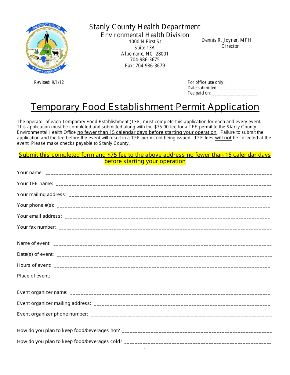 Stanly County, North Carolina Temporary Food Establishment Permit ...