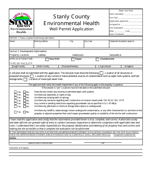 Well Permit Application - Stanly County, North Carolina Download Pdf