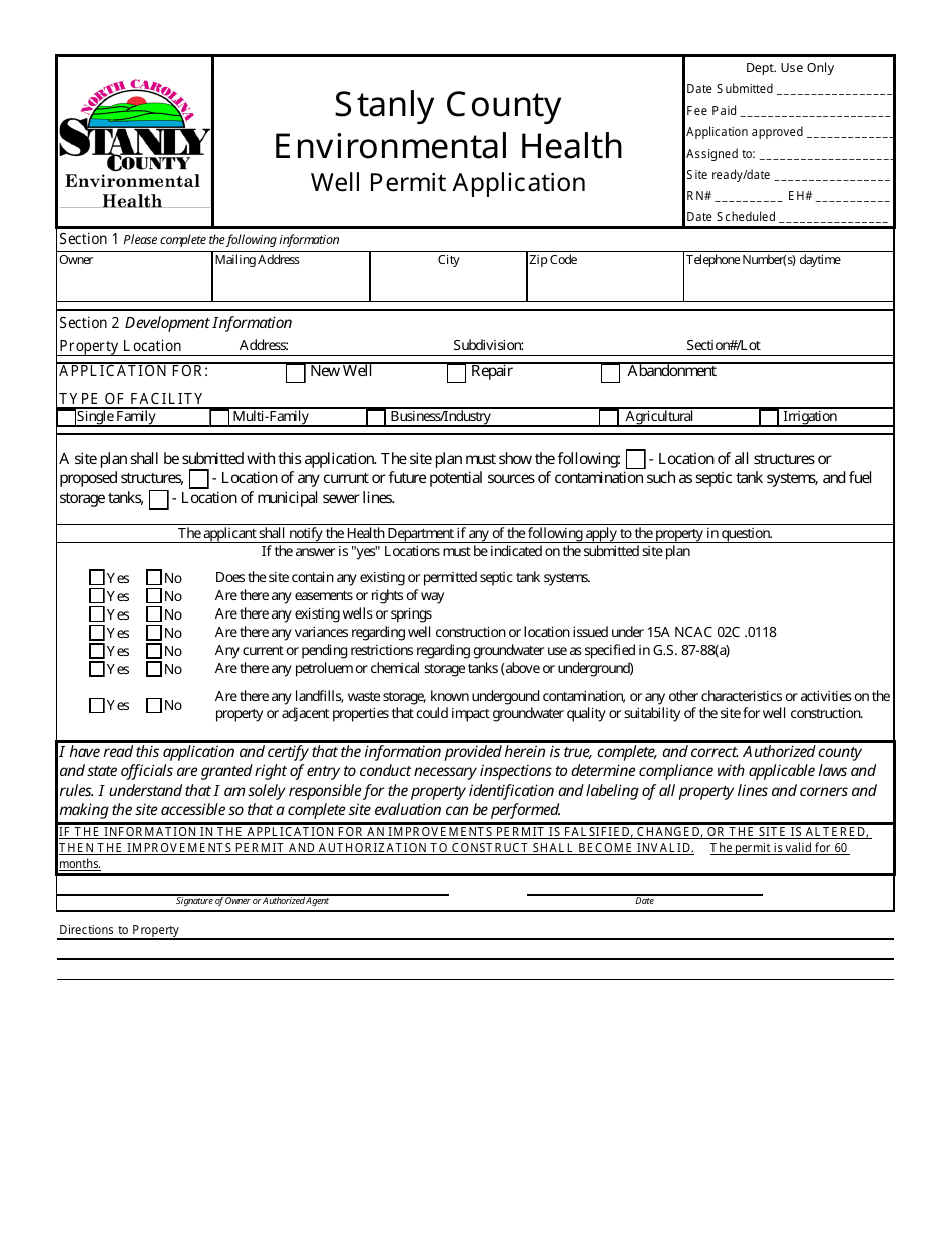 Stanly County, North Carolina Well Permit Application Fill Out, Sign
