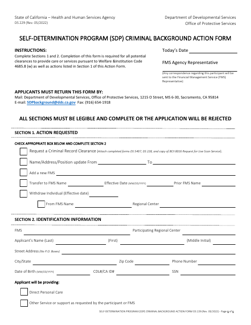 Form DS229 Self-determination Program (Sdp) Criminal Background Action Form - California
