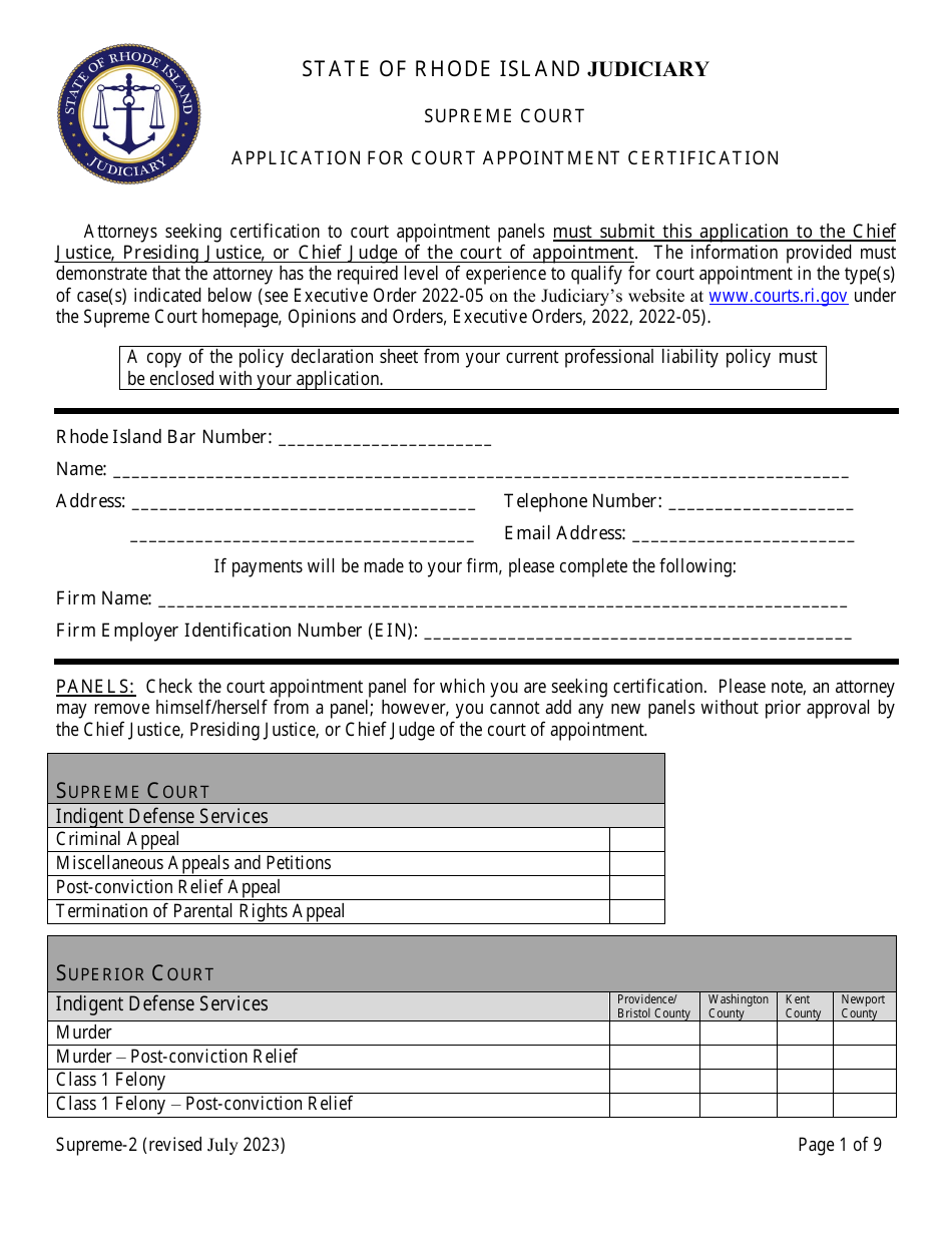 Form Supreme-2 Application for Court Appointment Certification - Rhode Island, Page 1