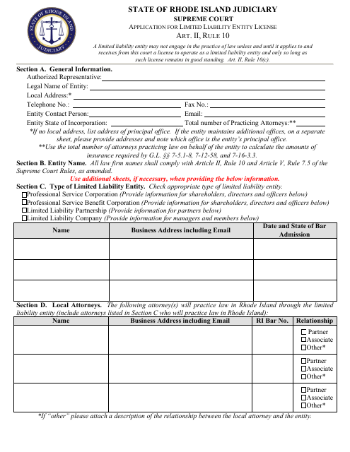 Application for Limited Liability Entity License - Rhode Island Download Pdf