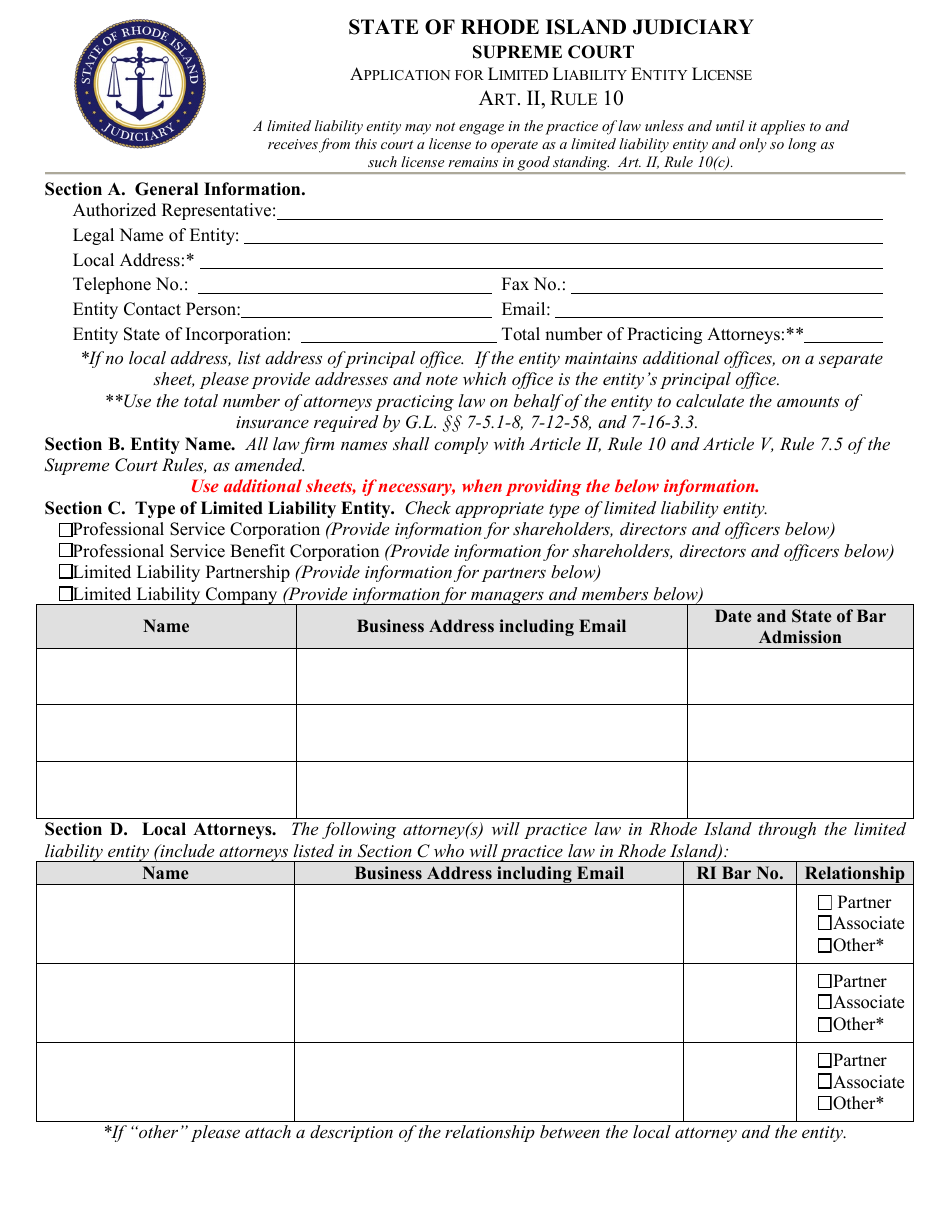 Application for Limited Liability Entity License - Rhode Island, Page 1