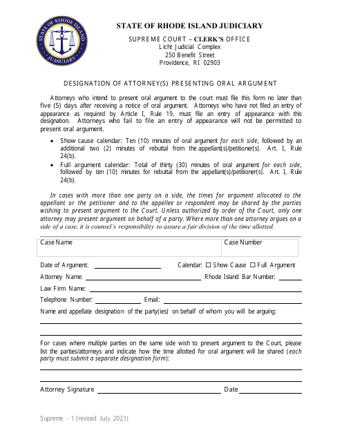 Form Supreme-1 Designation of Attorney(S) Presenting Oral Argument - Rhode Island