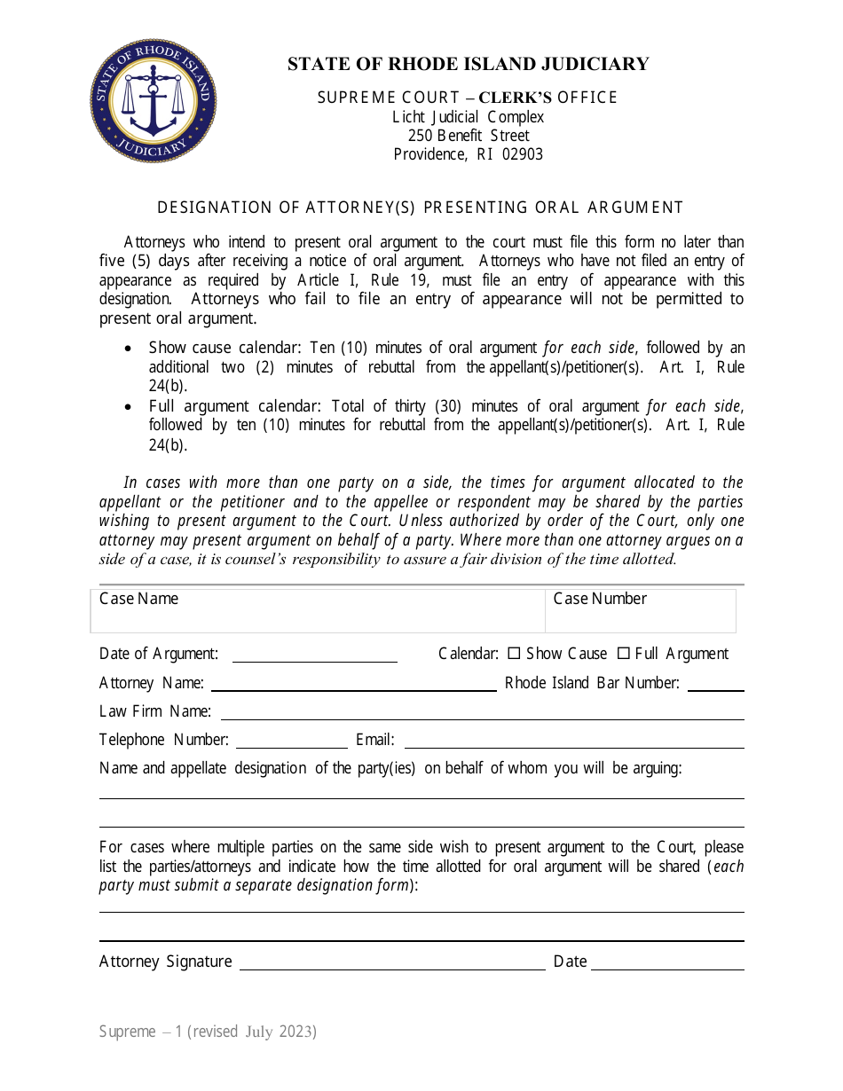 Form Supreme-1 Designation of Attorney(S) Presenting Oral Argument - Rhode Island, Page 1