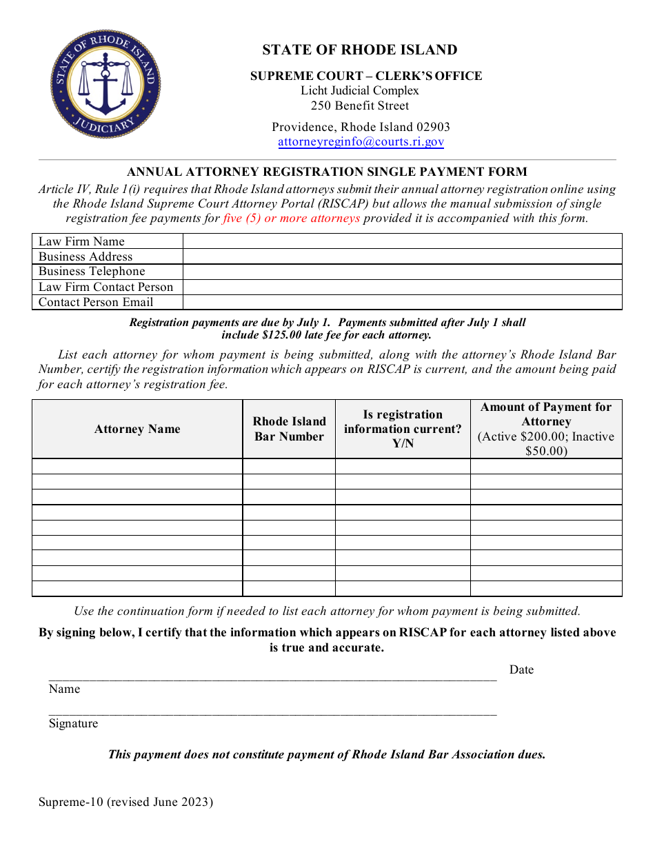 Form Supreme-10 Annual Attorney Registration Single Payment Form - Rhode Island, Page 1