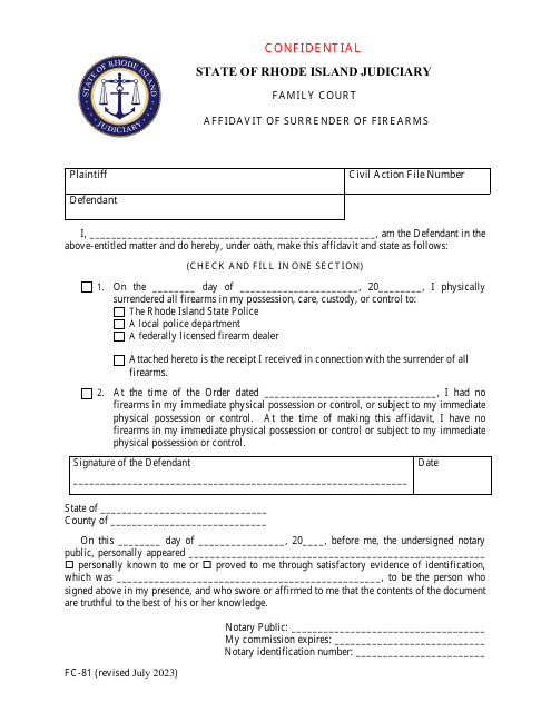 Form FC-81 Affidavit of Surrender of Firearms - Rhode Island
