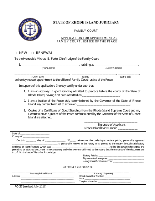 Form FC-37 Application for Appointment as Family Court Justice of the Peace - Rhode Island