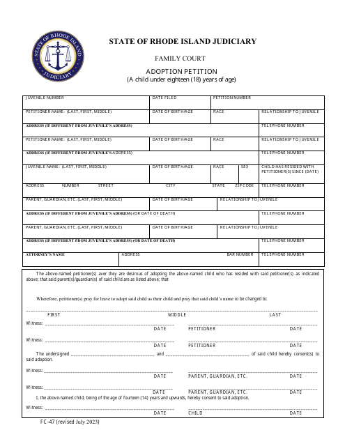 Form FC-47 Adoption Petition (A Child Under Eighteen (18) Years of Age) - Rhode Island