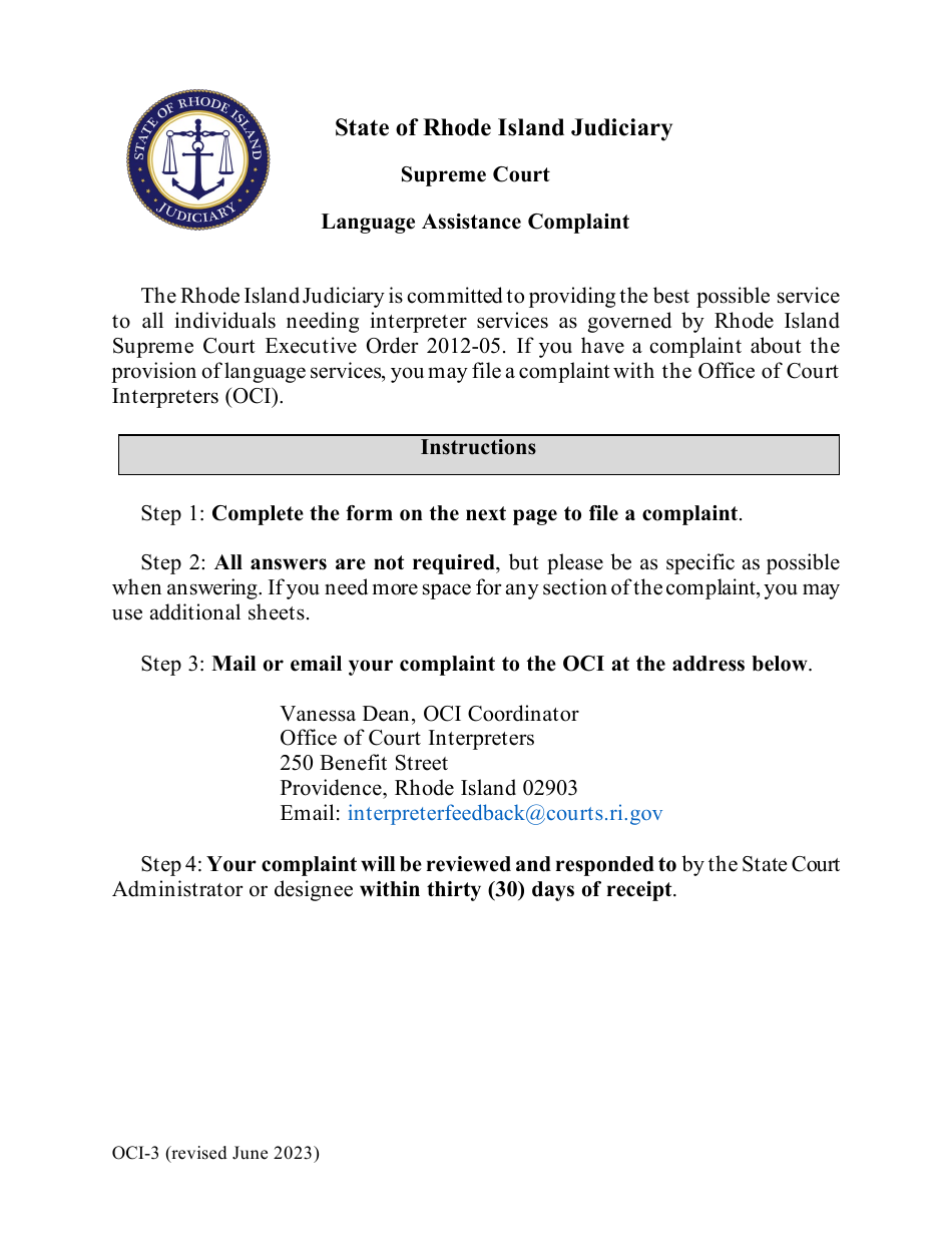Form OCI-3 Language Assistance Complaint - Rhode Island, Page 1
