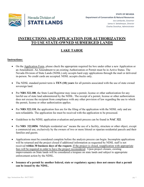 Application for Authorization to Use State-Owned Submerged Lands at Lake Tahoe - Nevada Download Pdf