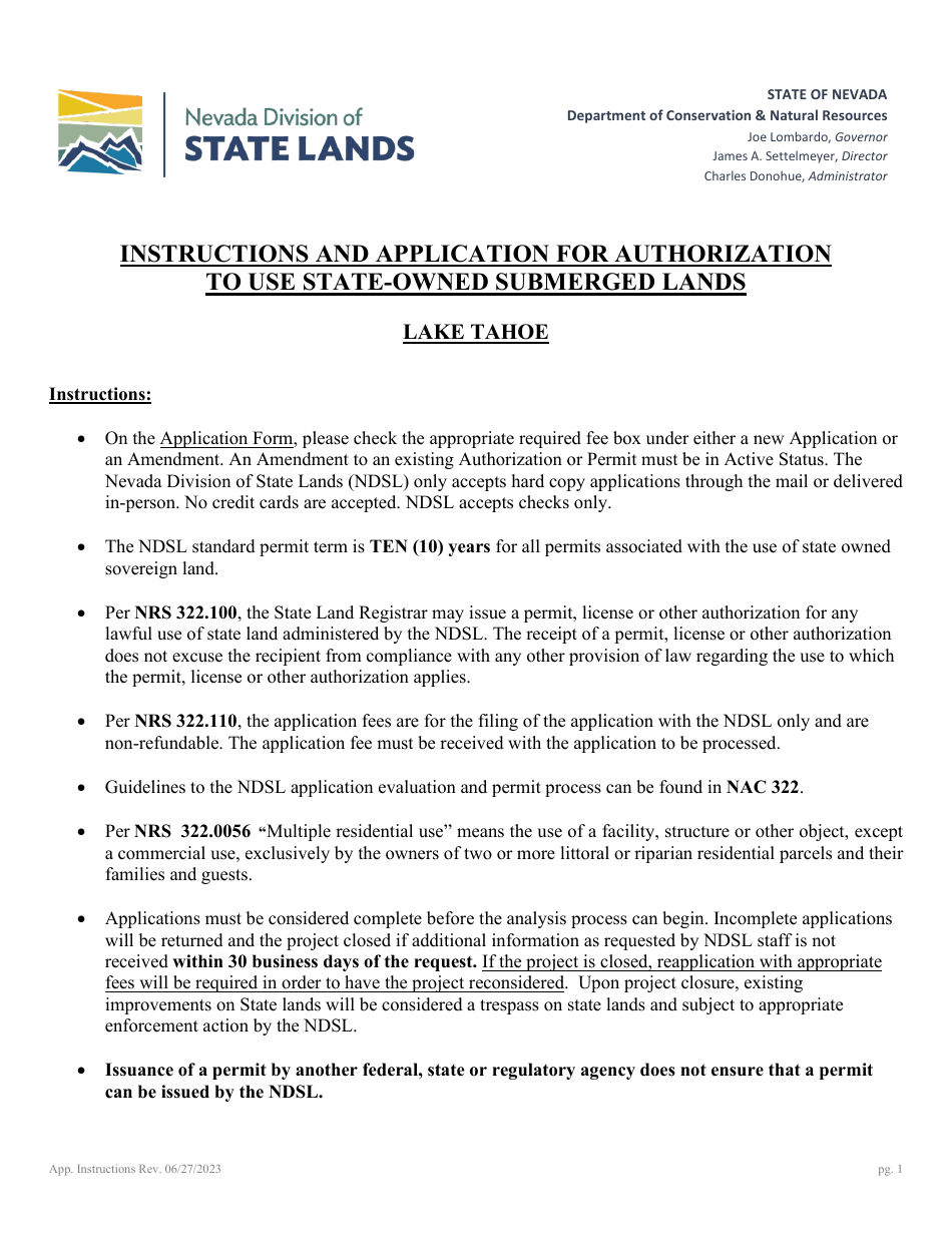 Application for Authorization to Use State-Owned Submerged Lands at Lake Tahoe - Nevada, Page 1