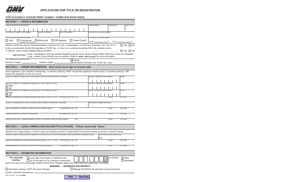 Form REG343 Application for Title or Registration - California, Page 1