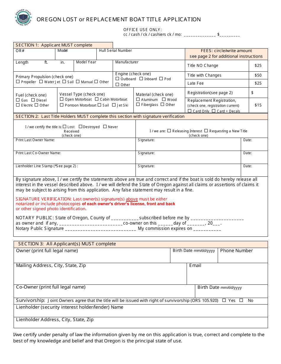 Form 250-041 Oregon Lost or Replacement Boat Title Application - Oregon, Page 1