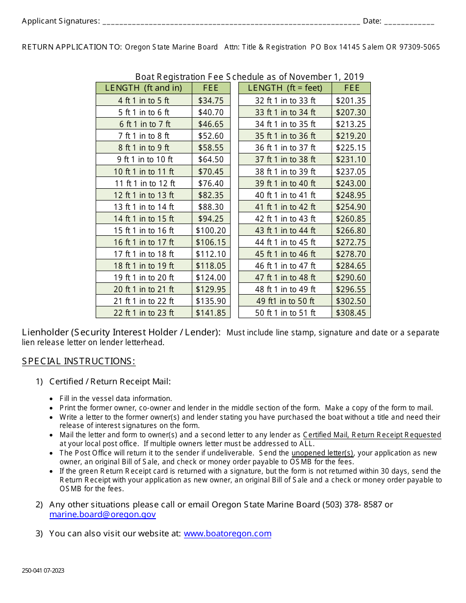 Form 250-041 Oregon Lost or Replacement Boat Title Application - Oregon, Page 2
