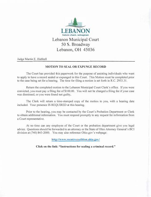 Motion to Seal or Expunge Record - City of Lebanon, Ohio