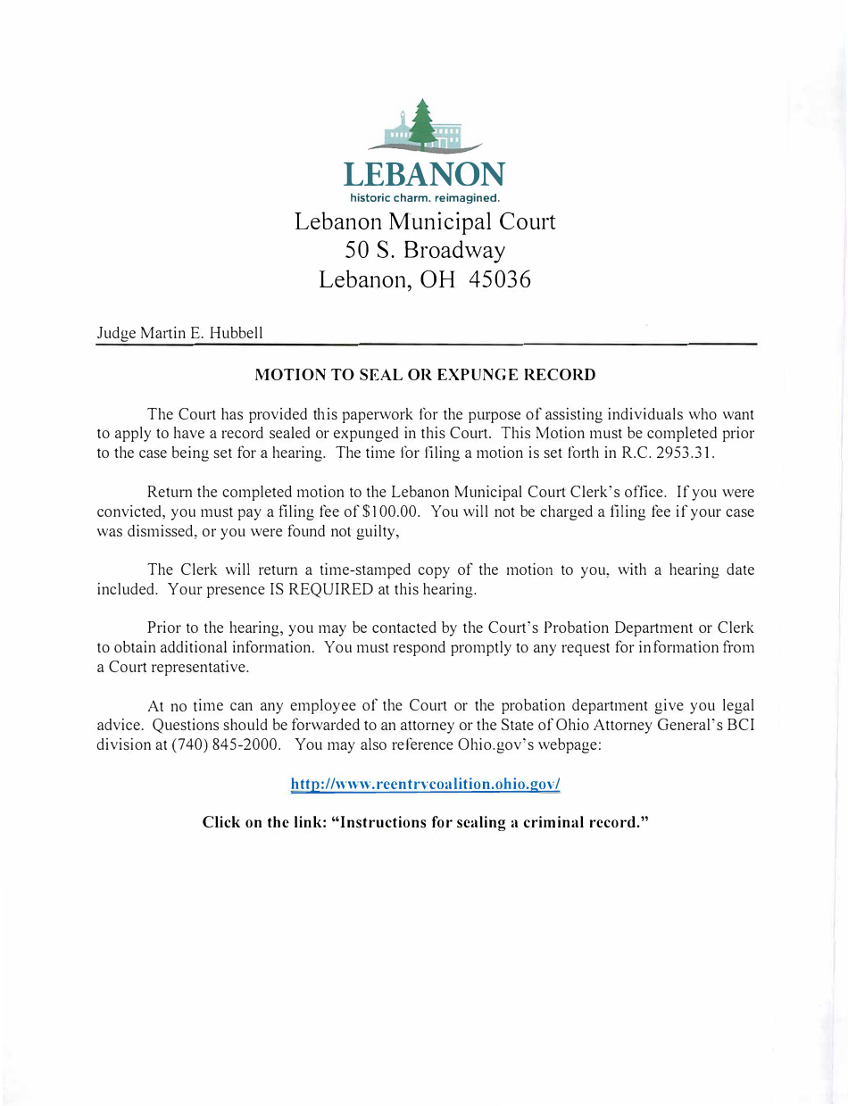 Motion to Seal or Expunge Record - City of Lebanon, Ohio, Page 1