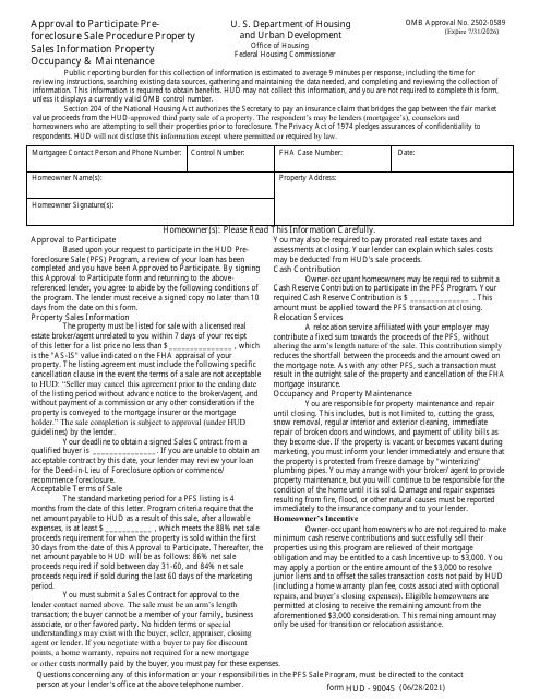 Form HUD-90045 Approval to Participate Preforeclosure Sale Procedure Property Sales Information Property Occupancy & Maintenance