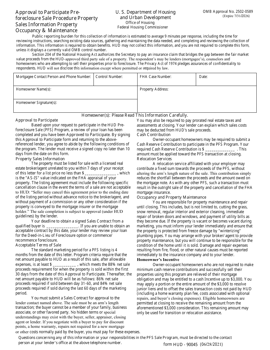 Form HUD-90045 Approval to Participate Preforeclosure Sale Procedure Property Sales Information Property Occupancy  Maintenance, Page 1
