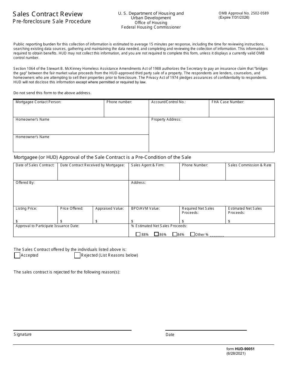 Form HUD-90051 Sales Contract Review Pre-foreclosure Sale Procedure, Page 1