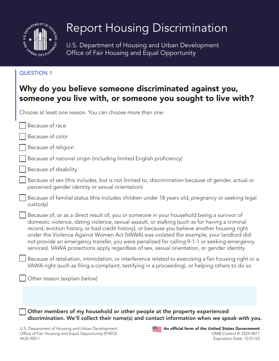 Form HUD-903.1 Housing Discrimination Report, Page 1
