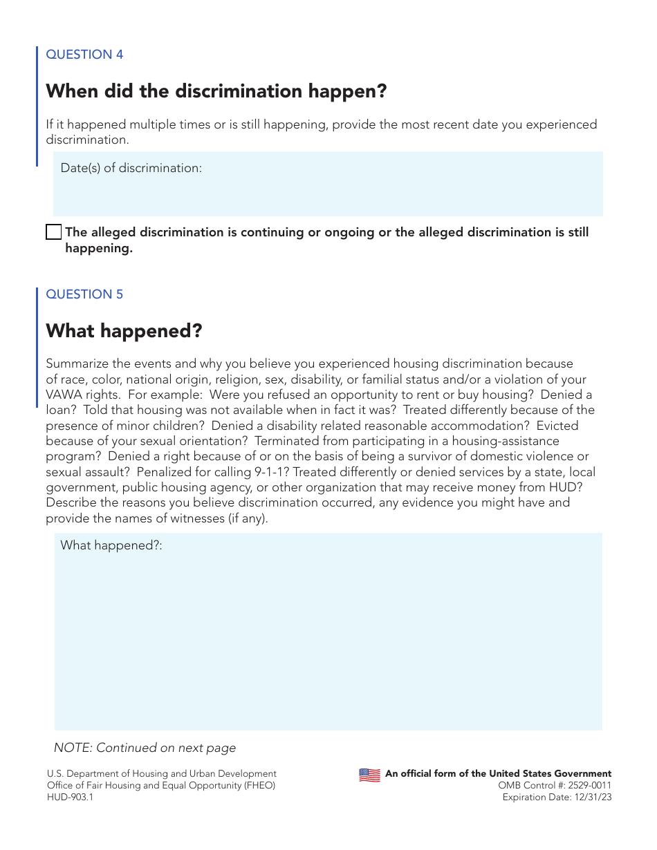 Form HUD-903.1 Housing Discrimination Report, Page 3